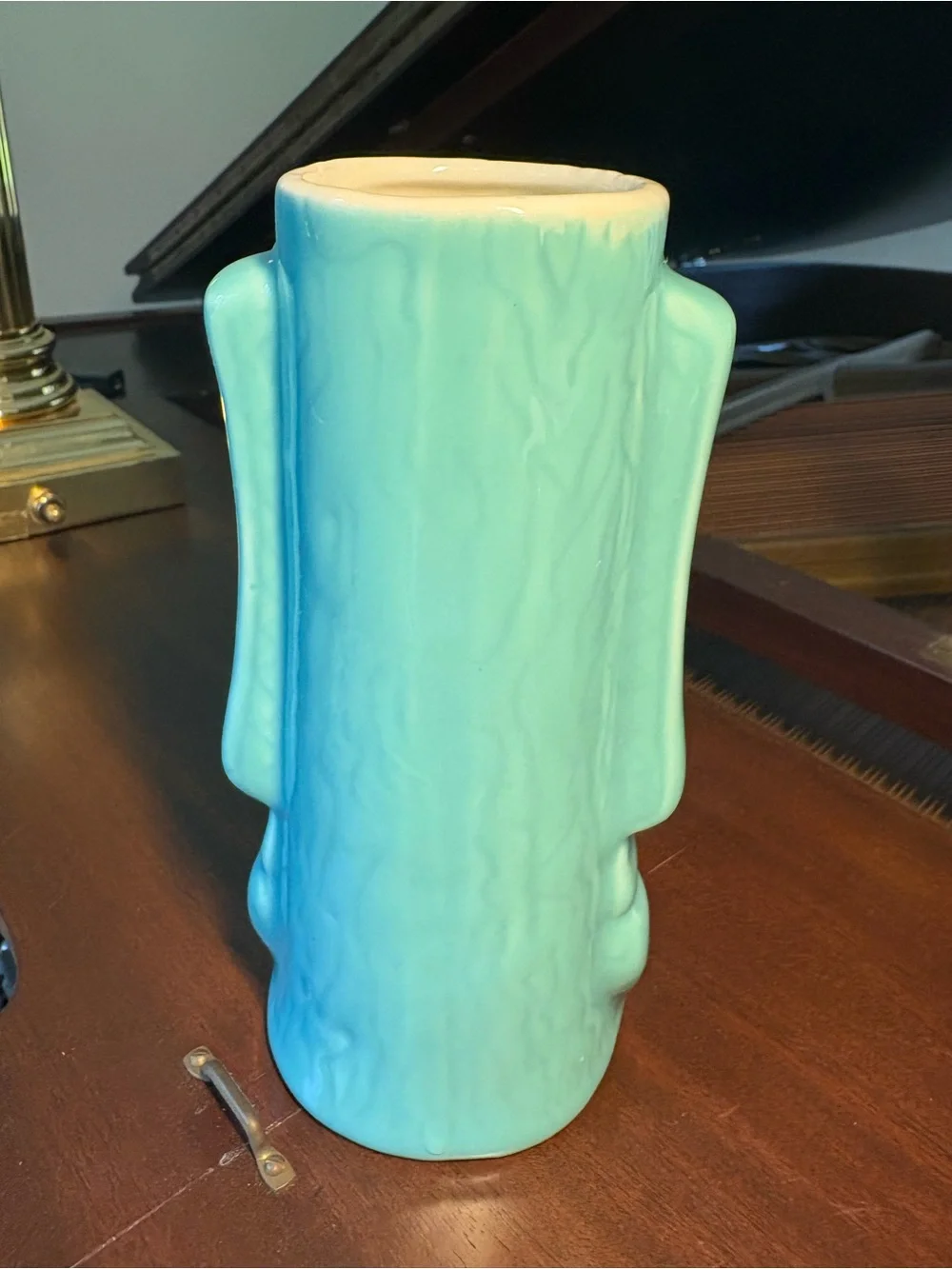 RARE Turquoise Tiki Lin Ceramic Pottery Tiki Mug Totem Face Red Eyes